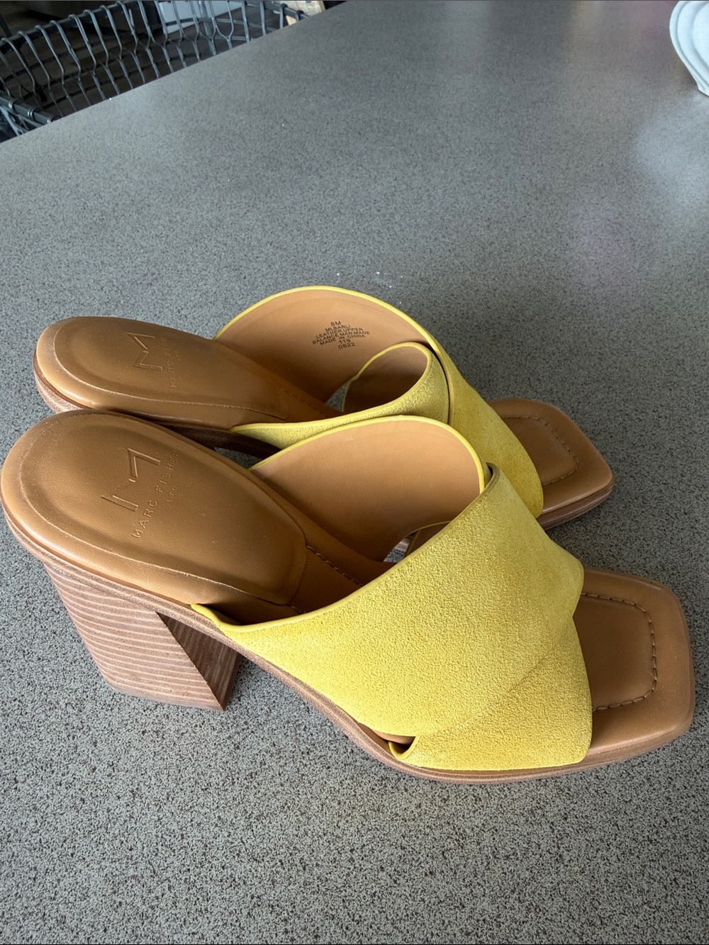 Marc Fisher Yellow Suede Block Heel Mules